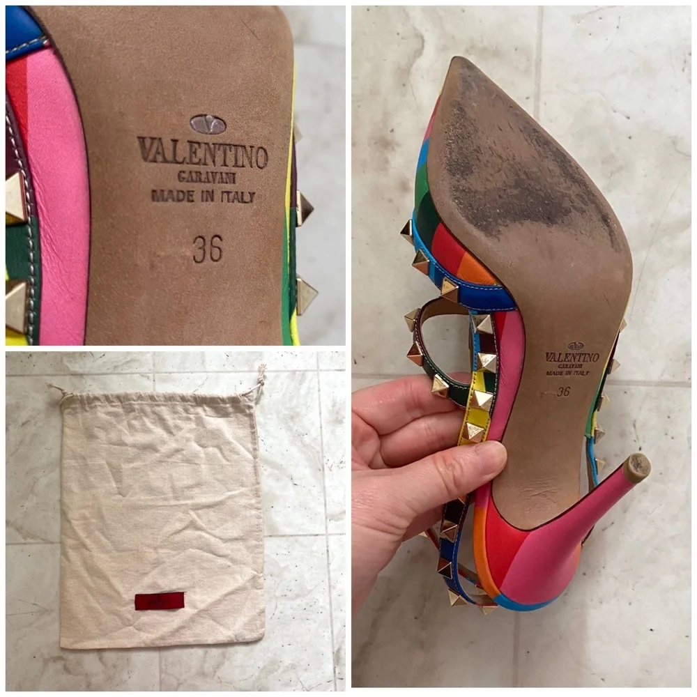 $1195 Valentino Garavani 1973 Rockstud Rainbow Chevron Pointed Toe Pumps Heels 6